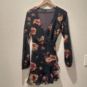 Forest green floral wrap dress